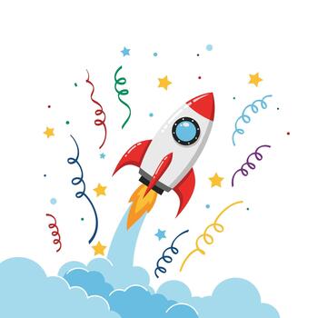 Exciting cartoon illustration of a vibrant rocket launching powerfully from fluffy clouds, surrounded by a festive burst of colorful confetti and sparkling stars. vector