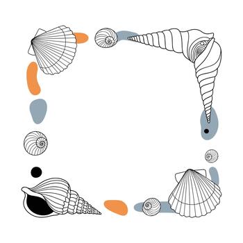 Unique decorative frame illustration composed of various seashells and abstract color blobs, evoking a marine theme. vector