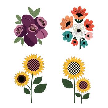 diverso colección de cuatro floral ilustraciones presentando resumen ramos de flores y único girasoles, algunos con un tablero de damas modelo. vector