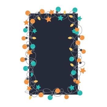 Festive vertical rectangular frame outlined by colorful string lights and sparkling stars on a dark, elegant background. vector