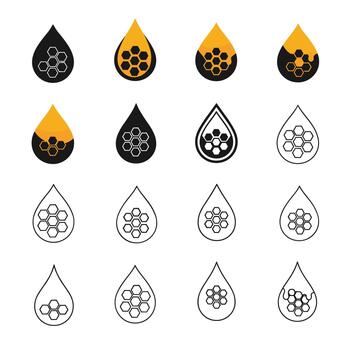 exhaustivo conjunto de miel soltar íconos presentando panal patrones en varios estilos, incluso de colores y contorno versiones. vector