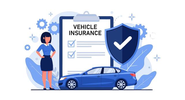 Secure car insurance policy concept. Flat design of a client reviewing an automobile coverage contract with a protective shield symbol vector