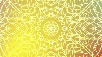 abstracts snurrar kalejdoskop en, animerad abstrakt mandala bakgrund med en vibrerande gul Färg lutning och dynamisk rader, stock kungligheter. video