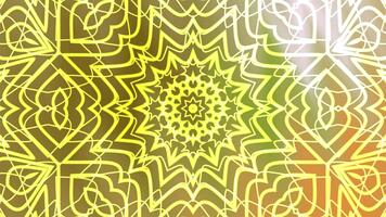 resúmenes giros caleidoscopio a, animado resumen amarillo calidoscópico modelo con geométrico formas y brillante líneas fondo, valores realeza. video