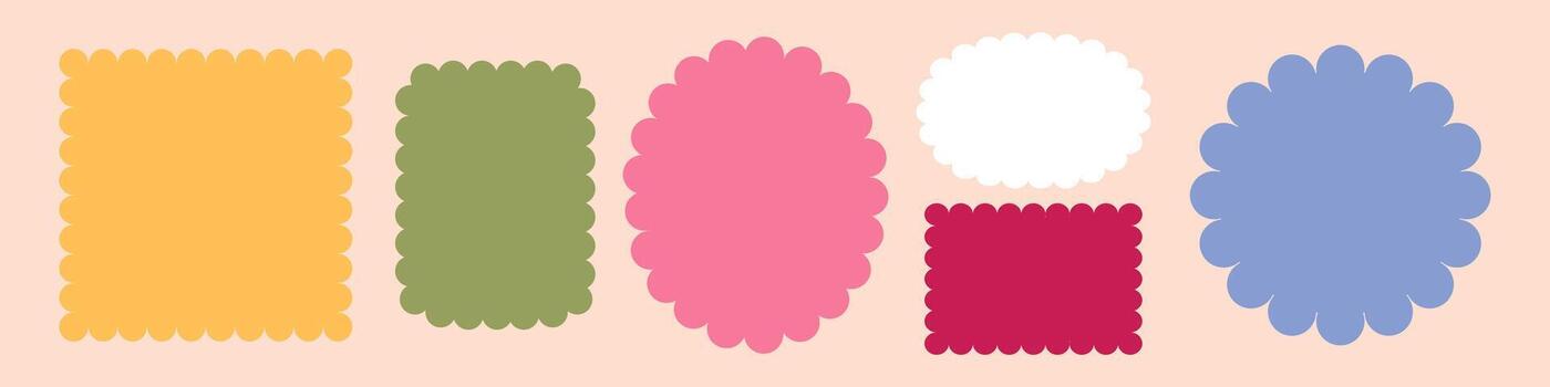 Scallop wavy frame set. illustration of curvy circle, oval, and rectangle borders. Decorative label shapes for invitations, cards, stickers, and elegant design projects vector