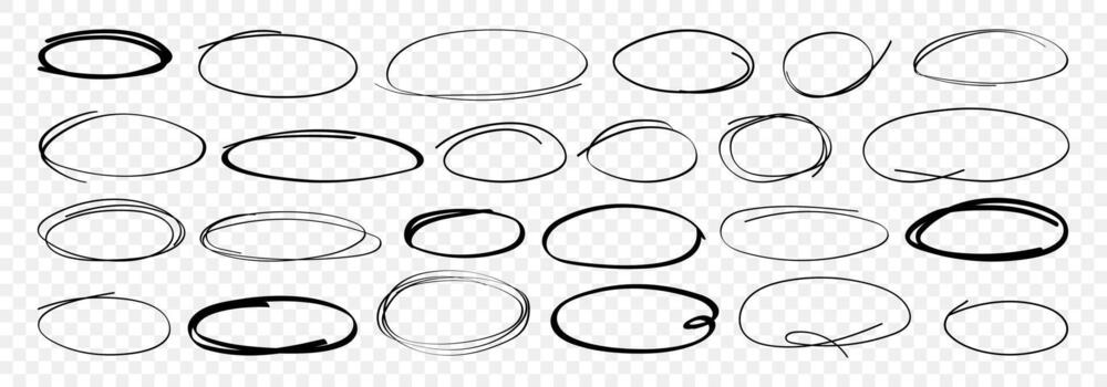 Handdrawn grunge circle highlight set. Charcoal and marker round scribble frames for notes, emphasis, and design accents. Freehand doodle elements for modern creative projects. vector