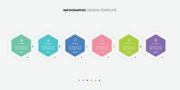 Modern Infographic template featuring 6 steps with icons, designed for business concepts. Ideal for presentations, banners, workflow layouts, process diagrams, flowcharts, diagram, hexagonal vector