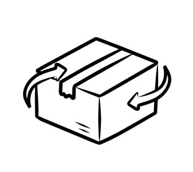 A hand-drawn sketch style icon of a cardboard box with return arrows featuring minimal shading to emphasize a clean and simple look, perfect for representing logistics, and product return processes vector