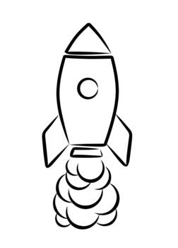 An illustration of a rocket ship launching in a playful doodle style with minimal shading with smoke and a fire trail, designed as a versatile graphic element for educational content vector
