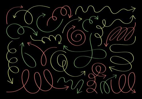 Flat geometric lines with multicolours neon thin outlines to indicate direction. Large set of various arrows, wavy lines, symbols, squiggles. Hand drawn graphic element for design, decoration. vector