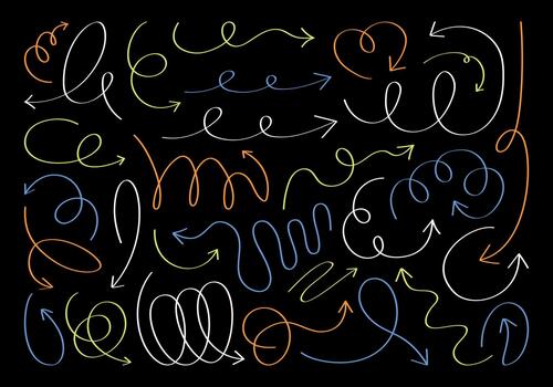 Large set of various arrows, wavy lines, symbols, squiggles. Flat geometric lines with multicolours neon thin outlines to indicate direction. Hand drawn graphic element for design, decoration. vector