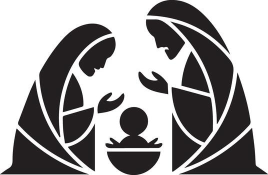 Two stylized figures look upon infant child in a simple manger, transparent background vector