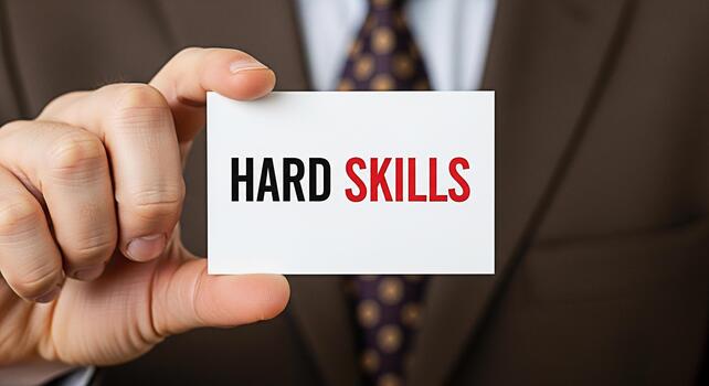 Professional holding a card displaying Hard Skills in a corporate setting emphasizing the importance of technical abilities and expertise for career advancement and professional development photo