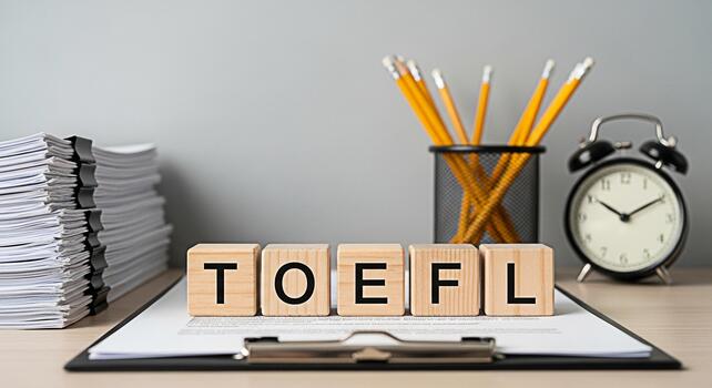 Wooden blocks spelling TOEFL on a clipboard in a study environment symbolizing preparation and focus for the English language proficiency test with a stack of papers pencils and a clock photo