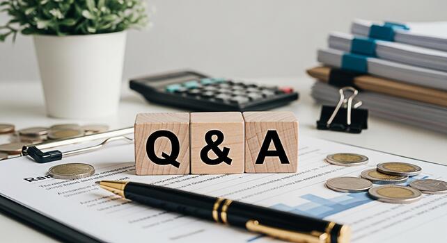 Wooden blocks displaying Q A on a bright desk with financial documents coins and a calculator symbolizing knowledge problemsolving and financial consultation in a professional setting photo