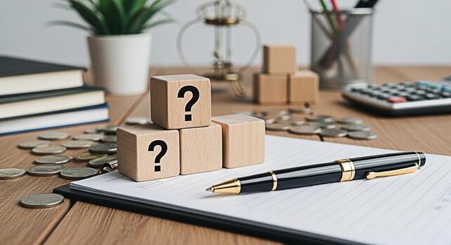Wooden blocks displaying question marks resting on a financial document with coins scattered around on a wooden desk symbolizing uncertainty in business and investment decisions photo