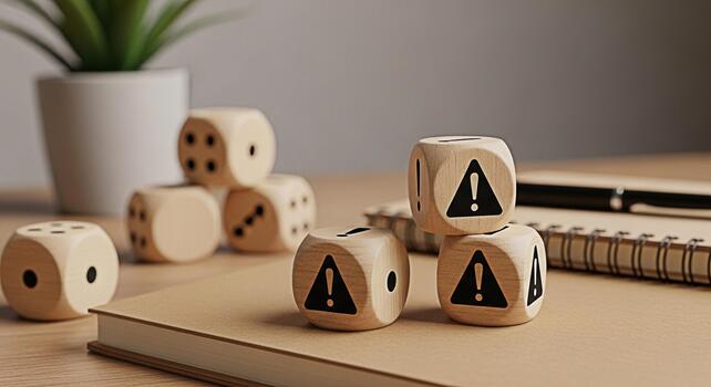 Wooden dice displaying warning signs and numbers resting on a notebook in a bright office symbolizing risk assessment and decisionmaking with a sense of caution and strategic planning photo