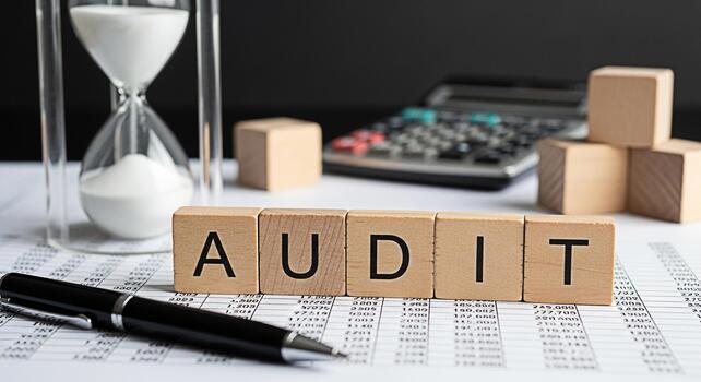 Closeup of wooden blocks spelling AUDIT on financial documents with a pen calculator and hourglass in a professional setting symbolizing financial review and time management for accuracy and complianc photo