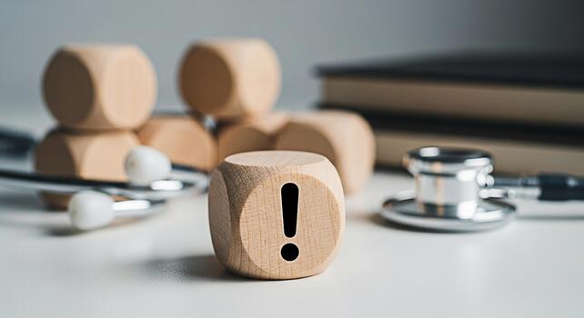 Wooden block displaying an exclamation mark on a white table with a stethoscope symbolizing a medical alert and the importance of healthcare awareness in a clinical setting conveying a sense of urgenc photo
