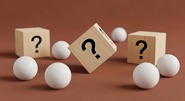 Wooden blocks displaying question marks surrounded by white spheres on a brown surface representing uncertainty curiosity and the search for answers in a minimalist and conceptual composition photo