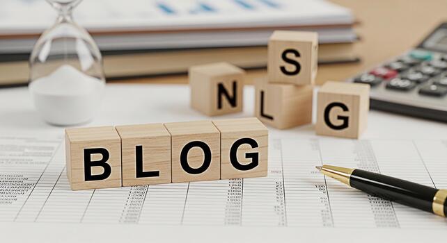 Wooden blocks spelling BLOG rest on a financial spreadsheet accompanied by a pen calculator and hourglass in a bright office setting symbolizing business time management and the importance of blogging photo