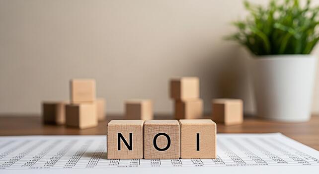 Wooden blocks spelling NOI on a financial spreadsheet in a bright office setting representing Net Operating Income and financial analysis for successful investment and business growth photo