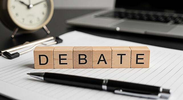 Wooden blocks spelling DEBATE on a lined paper in an office setting symbolizing critical thinking and discussion fostering intellectual exchange and informed decisionmaking in a professional environme photo
