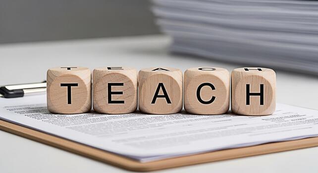 Wooden blocks spelling TEACH resting on a clipboard with documents in a bright neutraltoned office symbolizing education learning and the importance of knowledge transfer in a professional setting photo