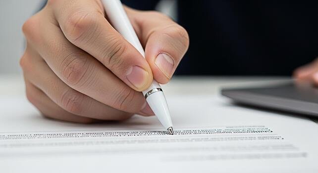 Closeup of a hand signing a document on a white desk with a pen symbolizing agreement and commitment in a professional setting conveying trust and reliability in business transactions photo