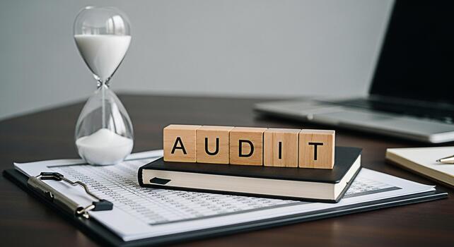 Wooden blocks spelling AUDIT resting on a book in a workspace with an hourglass and financial documents representing financial review and time management for business success and compliance photo