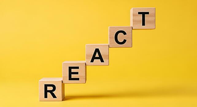 de madera bloques ortografía reaccionar ascendente me gusta escalera en un vibrante amarillo antecedentes simbolizando aprendizaje crecimiento y dominar nuevo tecnologías en un juguetón y educativo ambiente Fomentando un positi foto