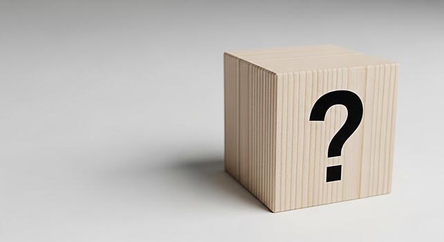 Wooden cube displaying a question mark on a white surface symbolizing uncertainty and the need for answers in a minimalist and clean setting representing problemsolving and decisionmaking photo