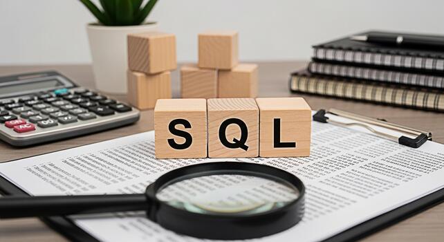 Wooden blocks displaying SQL on a desk with a calculator notebooks and magnifying glass representing database management and structured query language in a professional organized environment photo