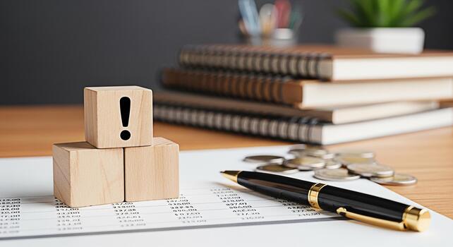 Wooden blocks with an exclamation mark sitting on a financial report on a wooden desk symbolizing a warning or important information in a business or accounting context creating a sense of urgency photo