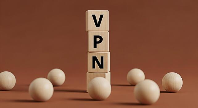 Wooden blocks displaying VPN letters amidst scattered wooden spheres on a brown surface symbolizing secure internet access and data protection in a digital environment with a minimalist aesthetic photo