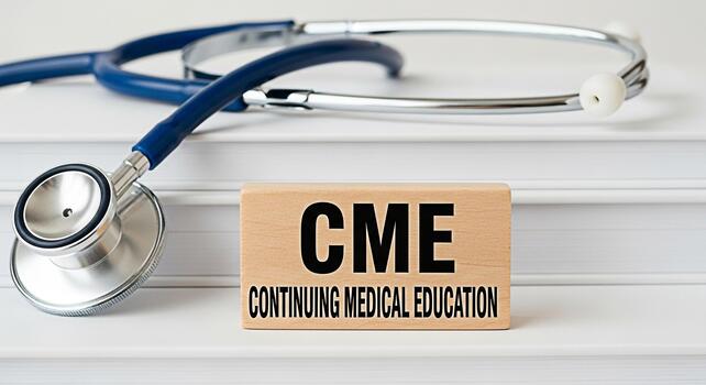 Stethoscope resting near a wooden block displaying CME Continuing Medical Education on a stack of white books symbolizing ongoing professional development and lifelong learning in a clinical setting photo