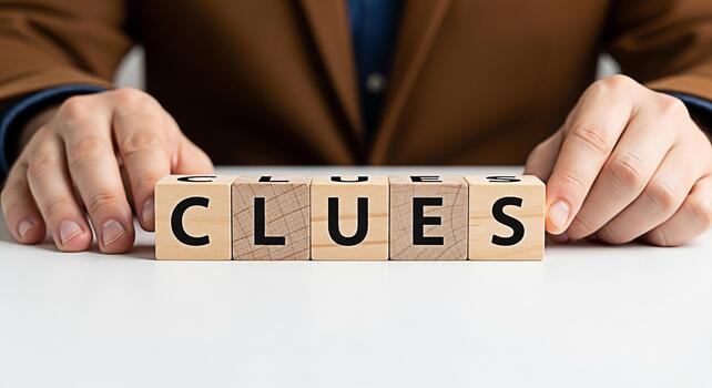 Man in a suit arranging wooden blocks spelling CLUES on a white table symbolizing problemsolving and investigation in a professional and analytical environment fostering a sense of mystery and intrigu photo