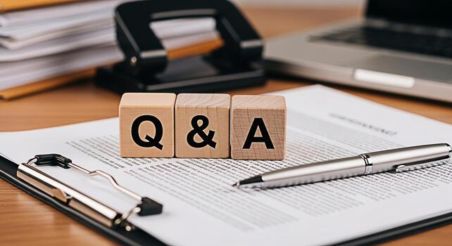 Wooden blocks spelling Q A on a clipboard with a pen in a modern office setting representing questions and answers knowledge sharing and information exchange in a professional environment photo