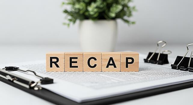 Wooden blocks spelling Recap on a clipboard in a bright office setting symbolizing a summary and review of information with a clean and professional aesthetic for business and educational purposes photo