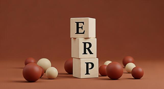 Wooden blocks displaying ERP acronym surrounded by spheres on brown background representing Enterprise Resource Planning business management software and integrated applications for streamlining opera photo