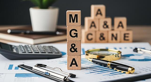 Wooden blocks spelling MGA and AA on a desk with financial charts calculator and pen representing mergers and acquisitions in a professional and analytical business environment showcasing growth and s photo