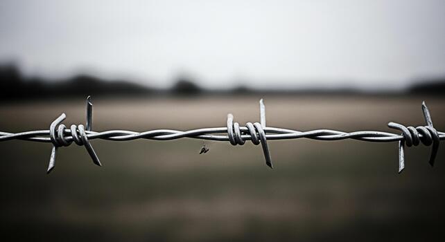 Closeup of a barbed wire fence stretching across a desolate field symbolizing restriction and boundaries with a somber isolated mood under a cloudy sky creating a sense of confinement and separation photo