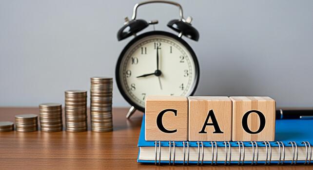 Stacks of coins and wooden blocks spelling CAO on a desk with an alarm clock representing Chief Accounting Officer duties and financial planning in a timely manner conveying a sense of urgency and imp photo