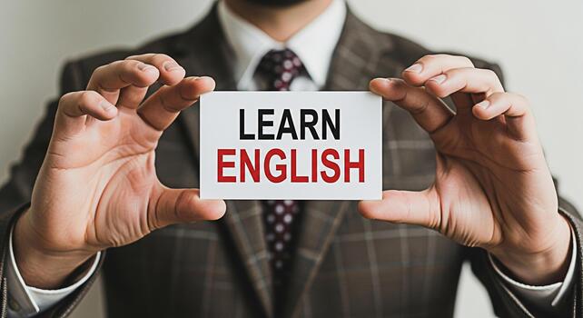 Professional businessman in a suit holding a card with the words Learn English in front of a neutral background promoting language education and international communication skills photo