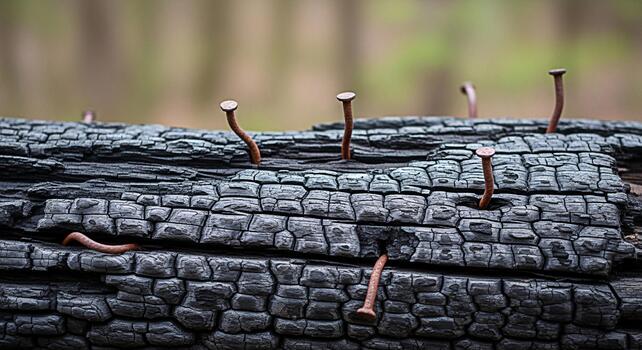 Rusty nails piercing a charred log in a forest setting symbolizing resilience and the enduring impact of time and natures elements on wood creating a contrast between decay and persistence photo
