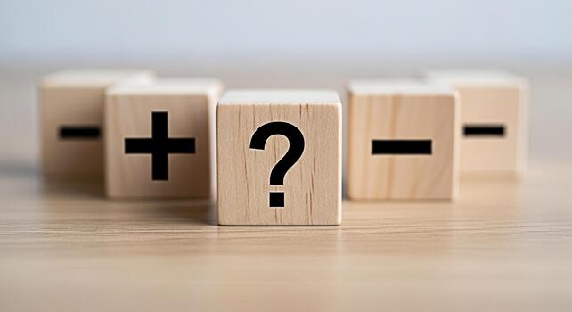 Wooden blocks displaying plus minus and question mark symbols on a wooden surface representing choices decisions and problemsolving in a neutral and contemplative setting conveying uncertainty and ana photo