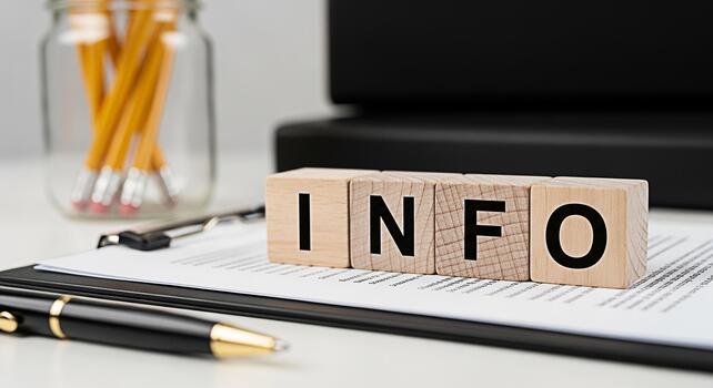 Wooden blocks spelling INFO on a clipboard in a bright office setting conveying a message of information guidance and assistance for business and education with a pen and pencils in the background photo