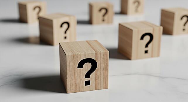 Wooden blocks displaying question marks on a white marble surface symbolizing uncertainty and the need for answers in a complex and inquisitive environment creating a sense of mystery and intellectual photo