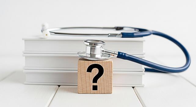 Stethoscope resting on a question mark block placed on top of a stack of books on a white wooden table symbolizing medical uncertainty and the search for answers in healthcare creating a thoughtful mo photo