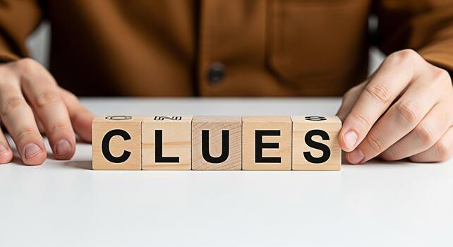 Person arranging wooden blocks spelling CLUES on a white table symbolizing problemsolving and investigation creating a sense of mystery and intrigue in a bright minimalist setting ideal for educationa photo